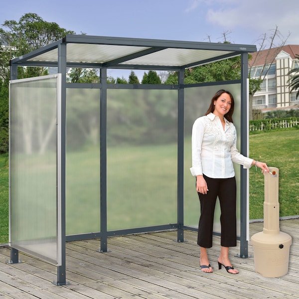Global Industrial Bus Smoking Shelter Flat Roof 3-Side Beige 5 Gal. Ashtray 6ft5in x3ft8in x7ft 493404BGP - main